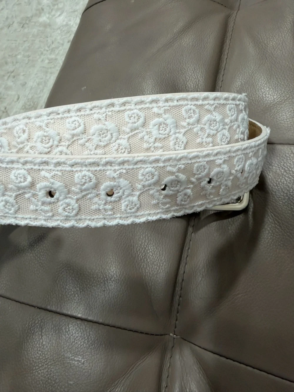 White Lace Belt Women Faux Leather Floral Embroidered Silver Buckle Cottagecore